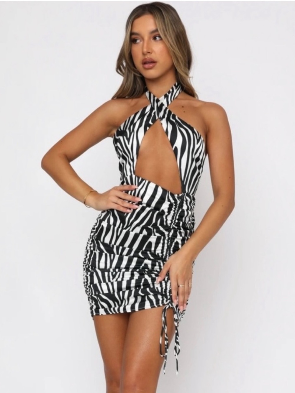 White Fox "The A Look" Zebra Mini Cutout Halter Dress
